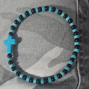 Turquois And Black Onyx Beaded Bracelet with Cross